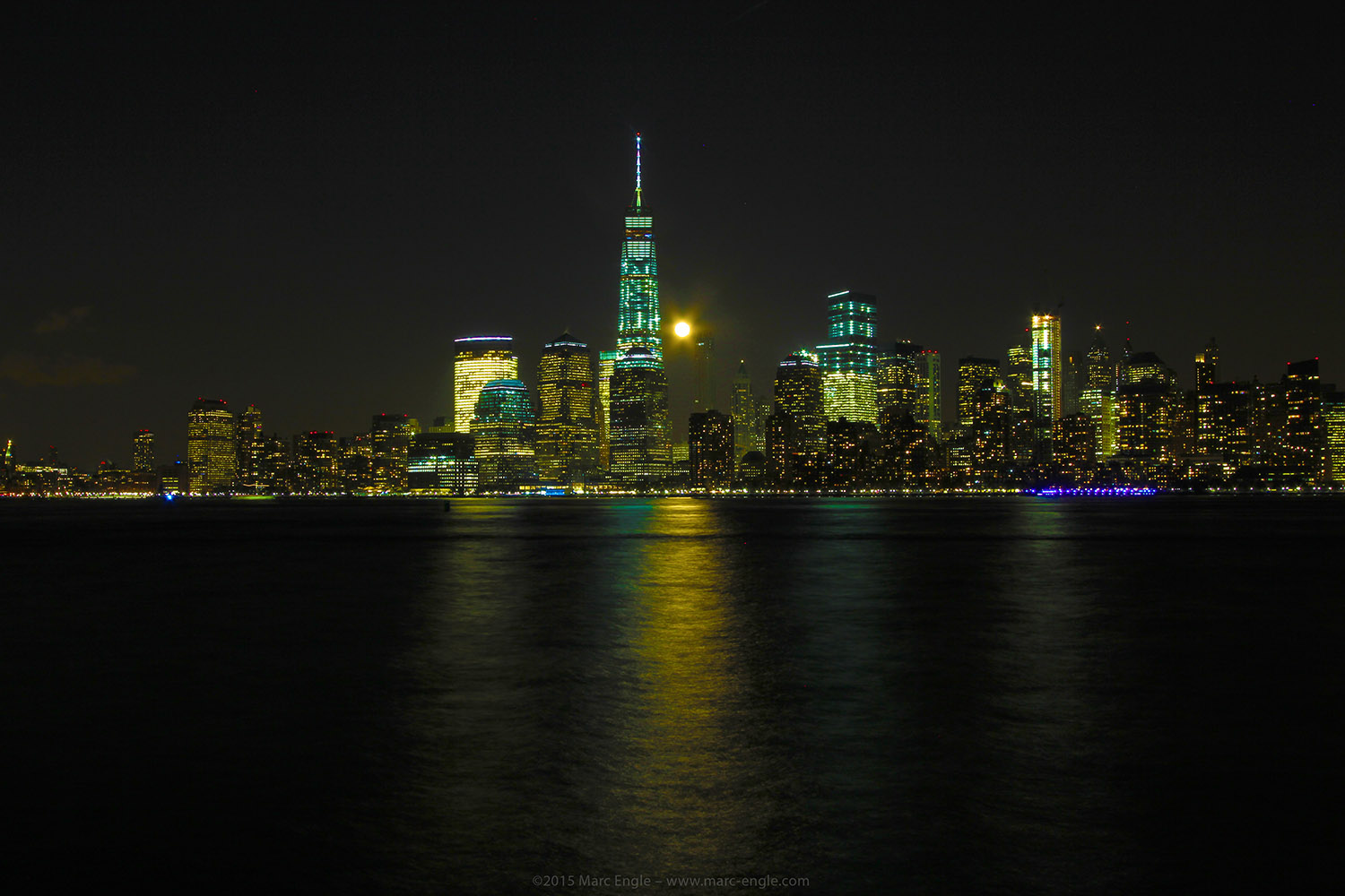 Moon rising over Lower Manhattan and the World Trade Center
