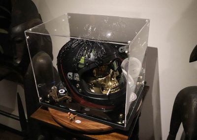 One of several photos of my world-famous sculpture, Skully, a.k.a. Death laughs at us all, created in 2023.