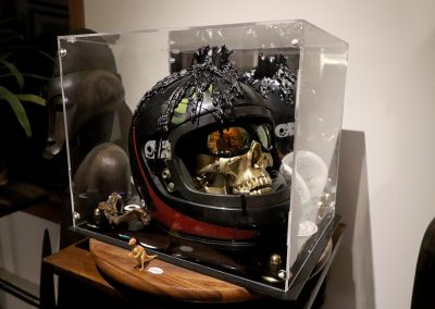 One of several photos of my world-famous sculpture, Skully, a.k.a. Death laughs at us all, created in 2023.