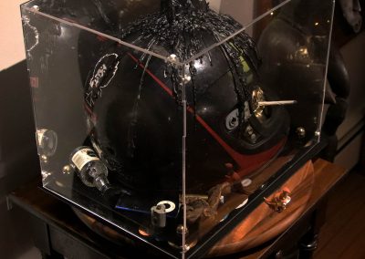 One of several photos of my world-famous sculpture, Skully, a.k.a. Death laughs at us all, created in 2023.