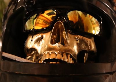 One of several photos of my world-famous sculpture, Skully, a.k.a. Death laughs at us all, created in 2023.